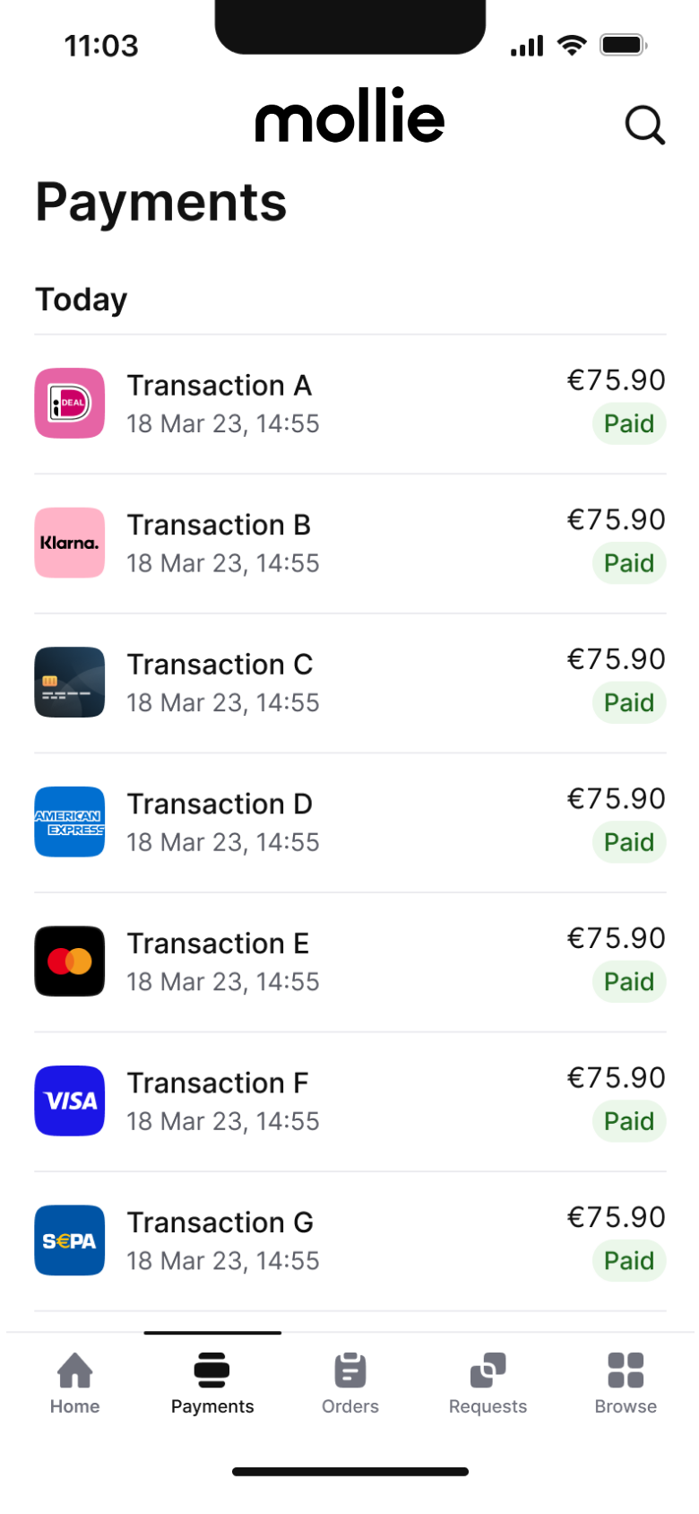 Mollie payments overview in the Mollie app